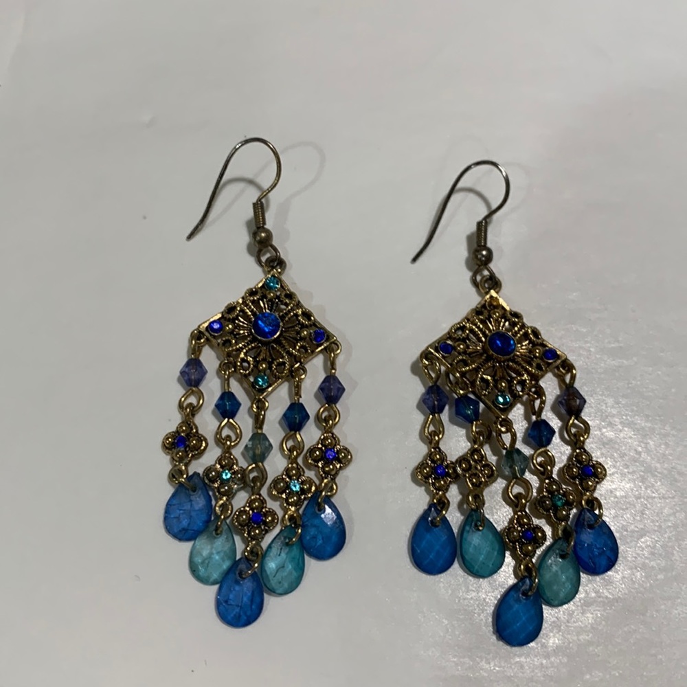 Dangle gold, blue, and aqua earrings